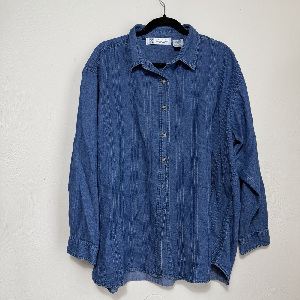 Vintage 90s Denim Shirt Women's Plus Size 24W Blue Cotton Oversized Top